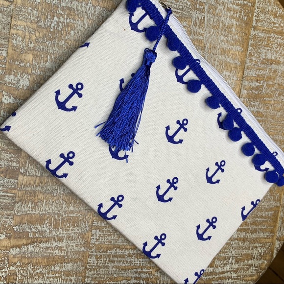Cream and Blue Pompom Anchor Print Makeup Bag - Picture 2 of 7